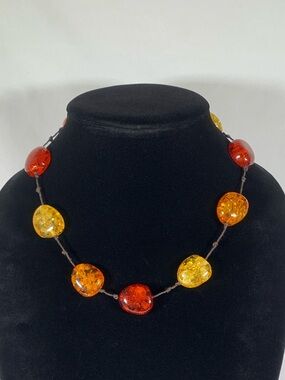 Vintage Faux Amber Stone Rope knotted Necklace 19”